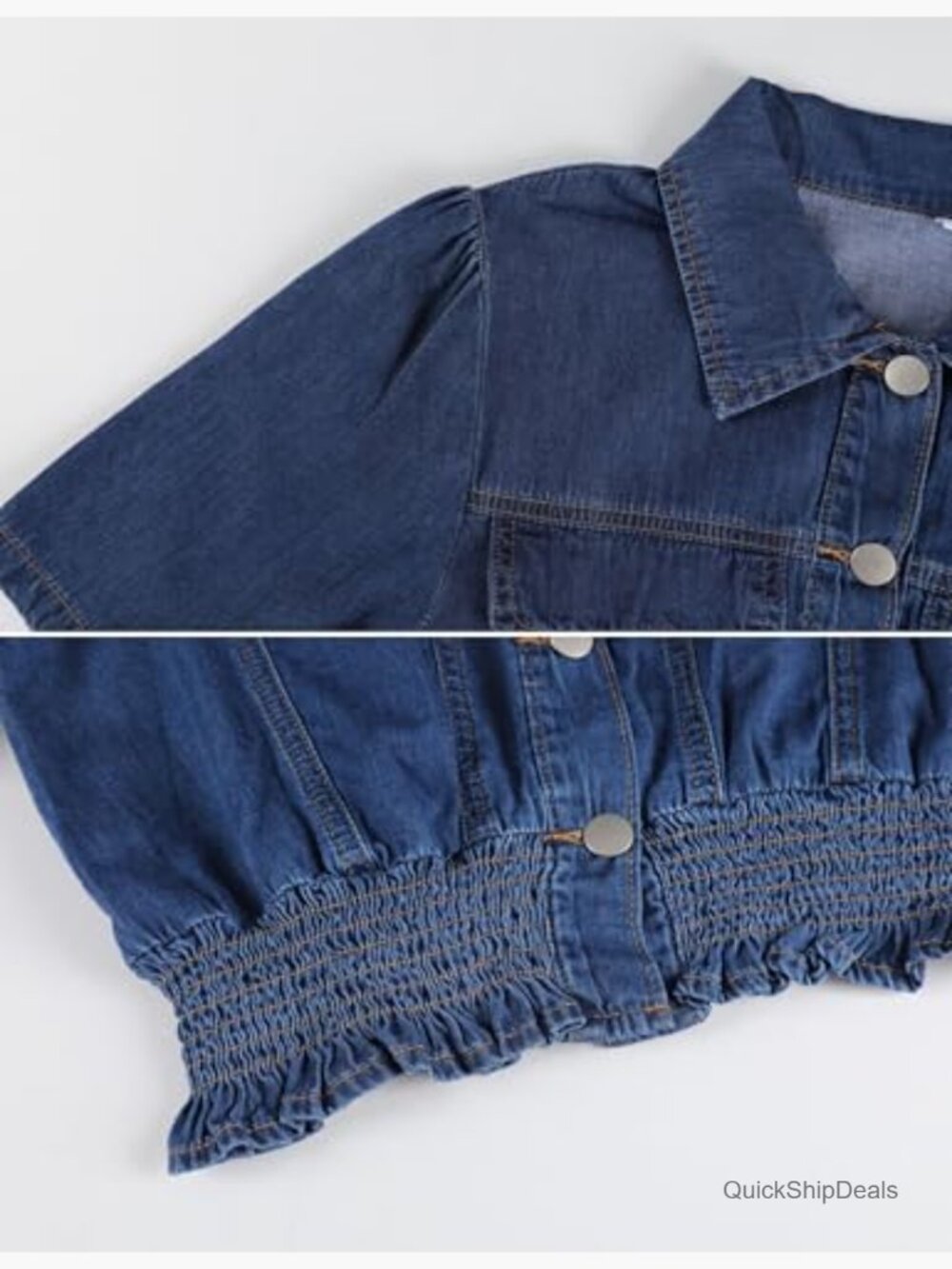 Short Sleeve Denim Peplum Crop Top Ruffle Hem Button Down Shirt Jacket - Picture 7 of 7
